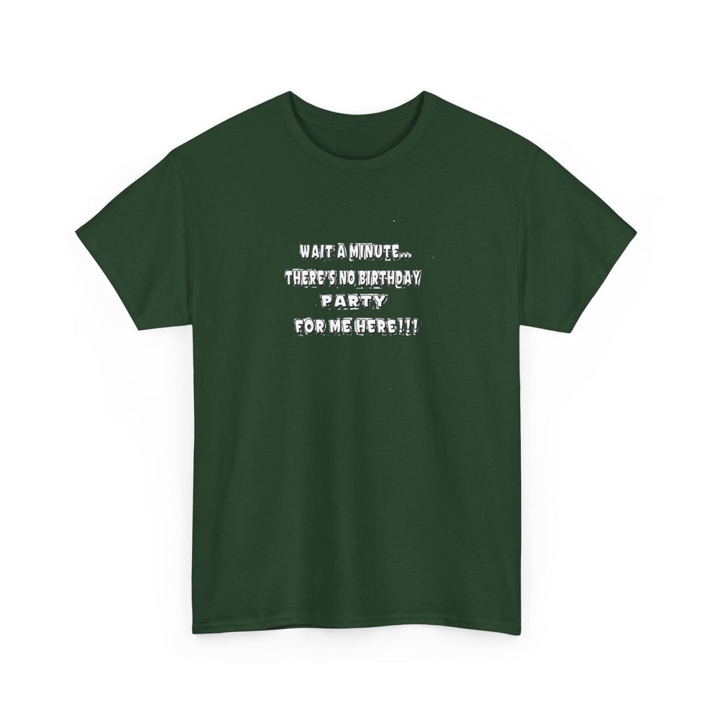 Graphic Tee — "Theres No Birthday party?" Minimalist Text Shirt