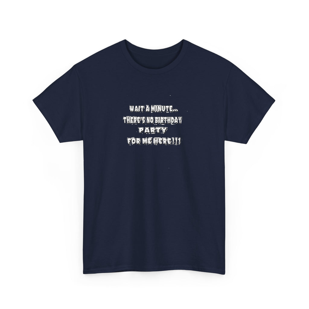Graphic Tee — "Theres No Birthday party?" Minimalist Text Shirt