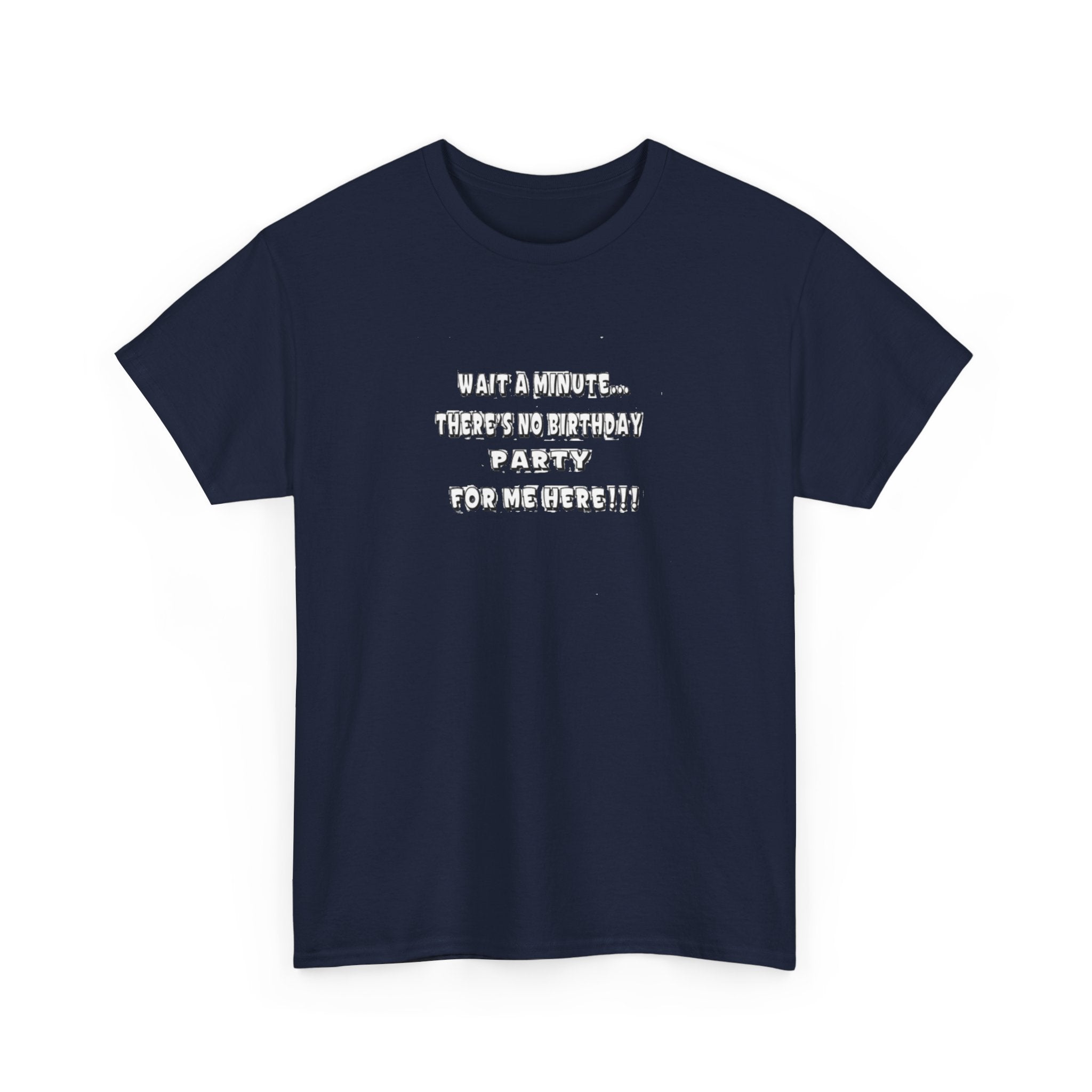 Graphic Tee — "Theres No Birthday party?" Minimalist Text Shirt