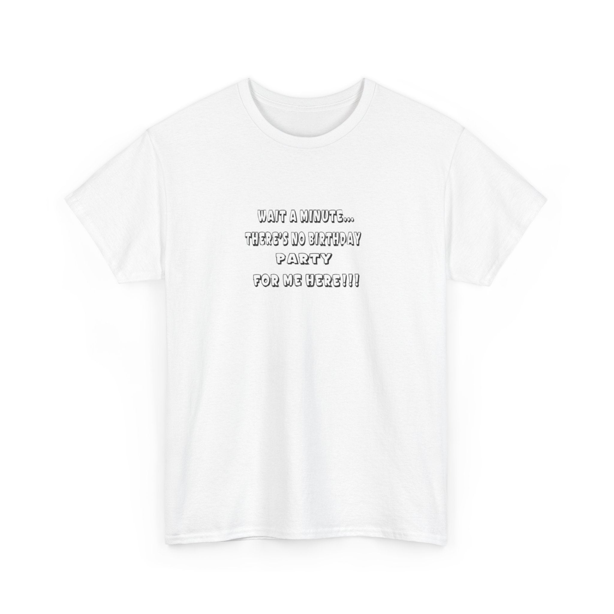 Graphic Tee — "Theres No Birthday party?" Minimalist Text Shirt