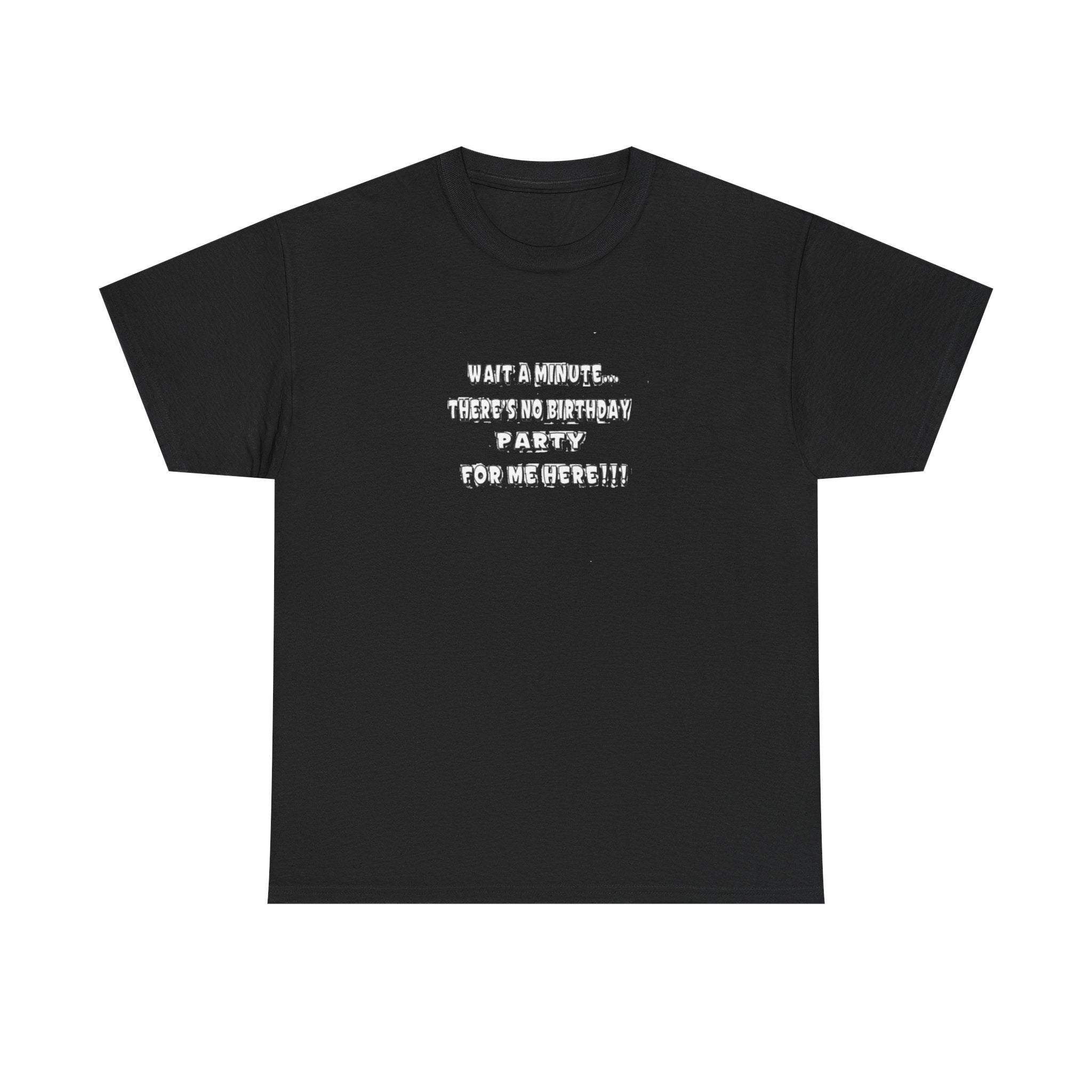 Graphic Tee — "Theres No Birthday party?" Minimalist Text Shirt