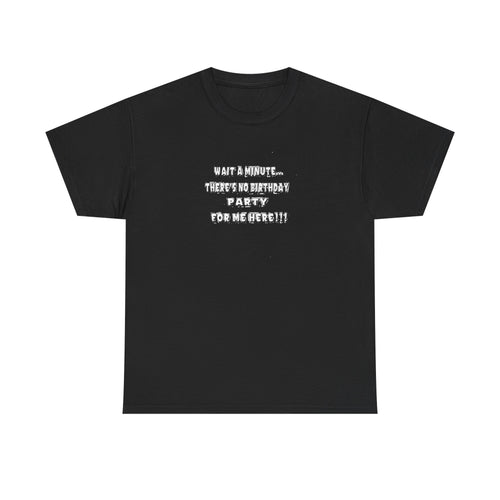 Graphic Tee — "Theres No Birthday party?" Minimalist Text Shirt