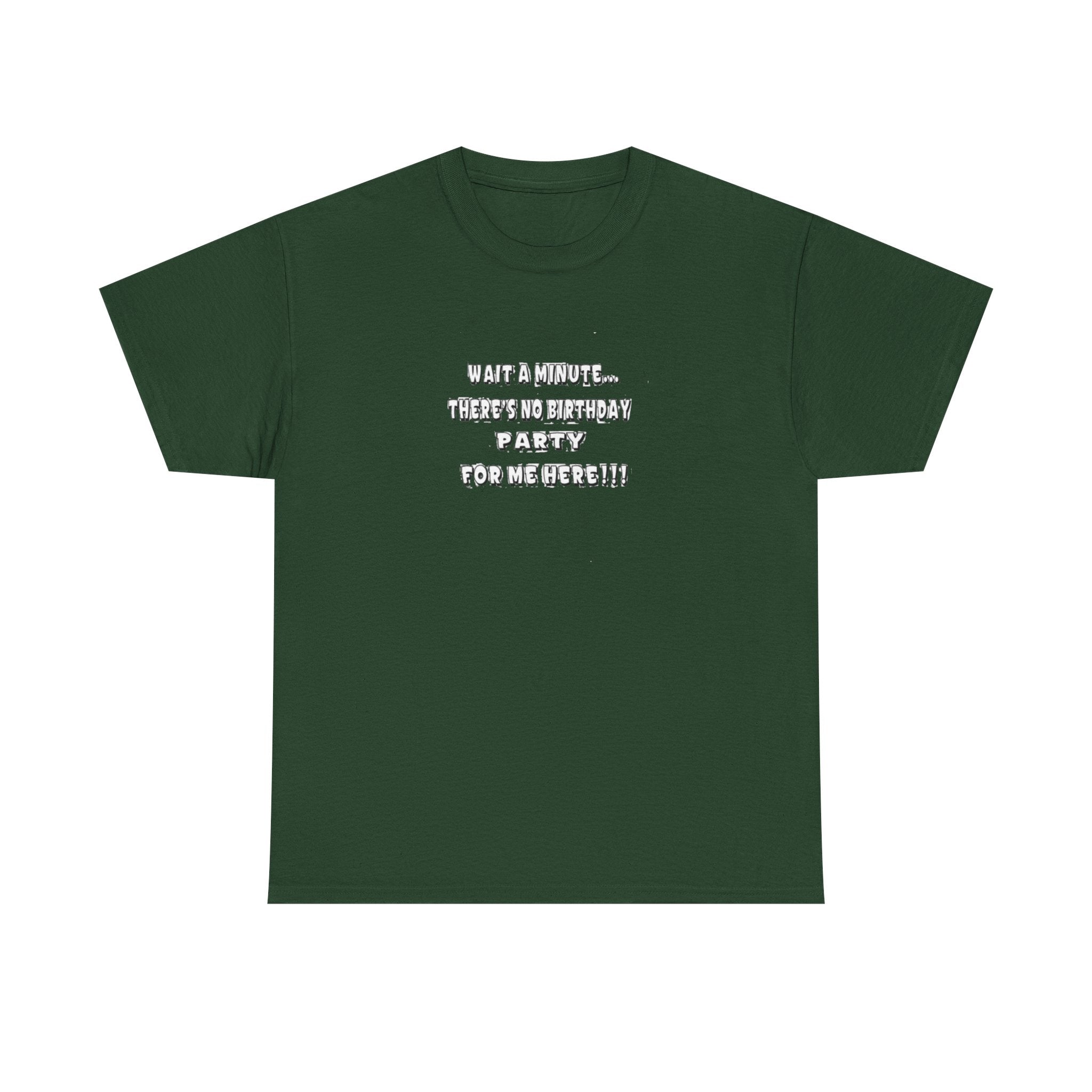 Graphic Tee — "Theres No Birthday party?" Minimalist Text Shirt