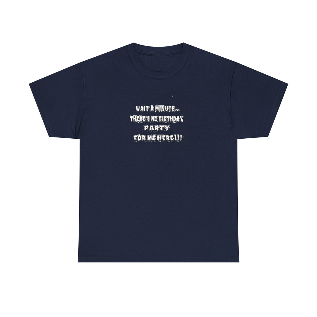 Graphic Tee — "Theres No Birthday party?" Minimalist Text Shirt