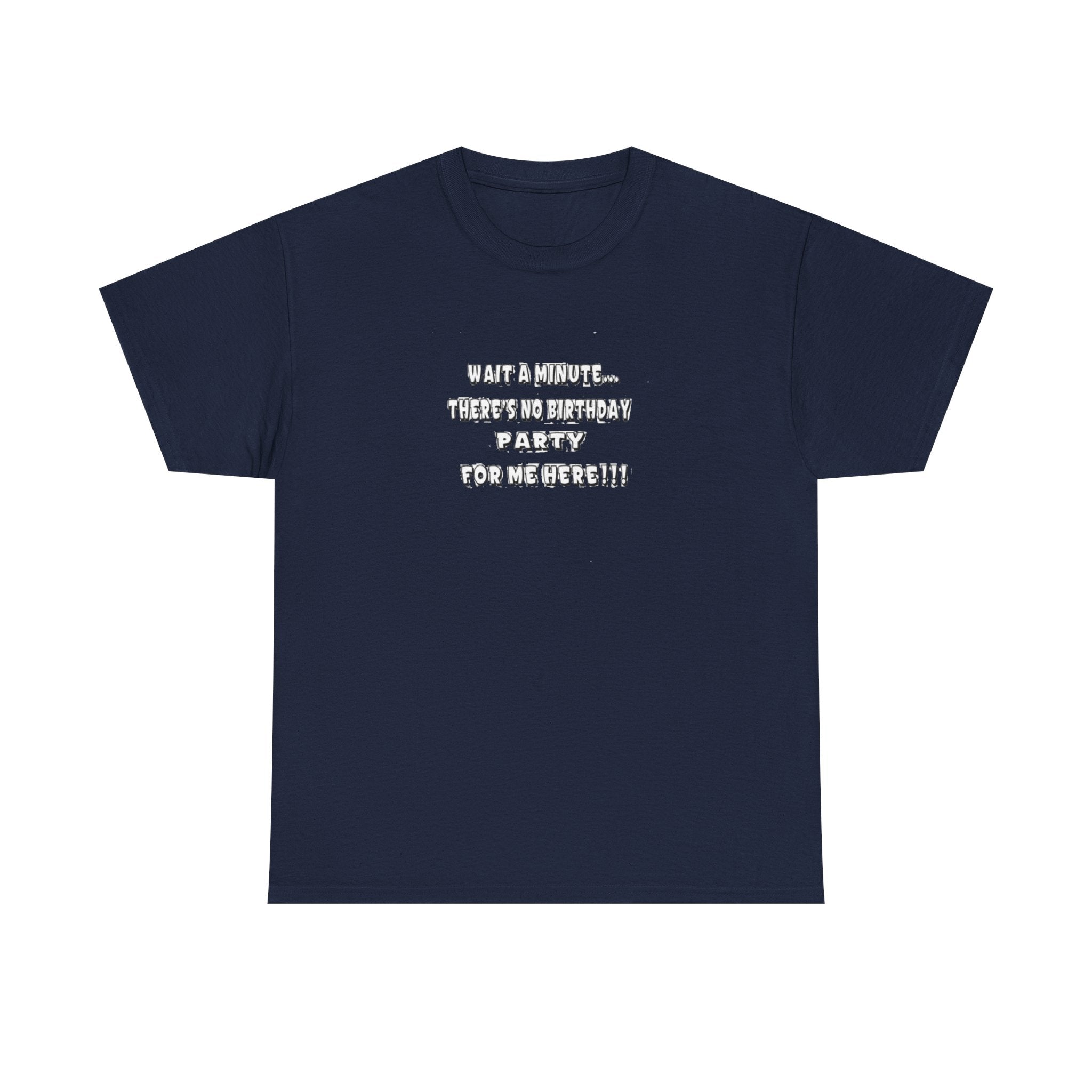 Graphic Tee — "Theres No Birthday party?" Minimalist Text Shirt