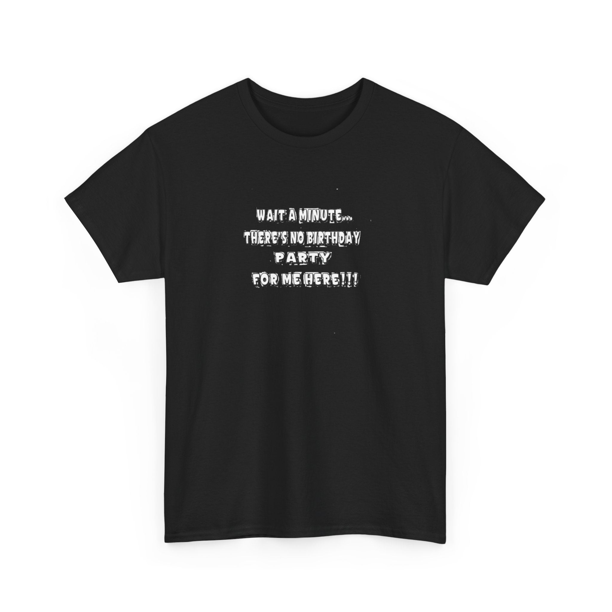 Graphic Tee — "Theres No Birthday party?" Minimalist Text Shirt